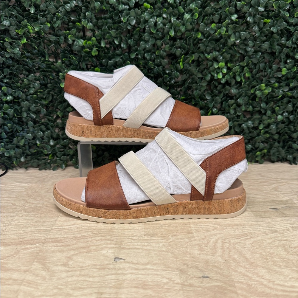 Dr. Scholl's Brown and Cream Cork Platform Strappy Sandals